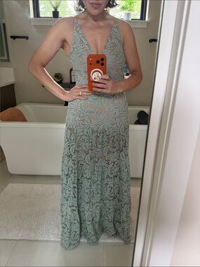 Dress the Population Sage Lace Plunge V-Neck Maxi Dress